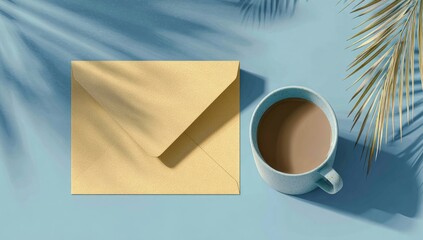 Beige envelope, coffee, palm shadows, blue background, summer morning correspondence