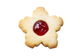 A cookie with a red center and white icing