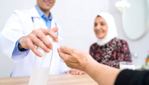 Doctor giving hand sanitizer to patient