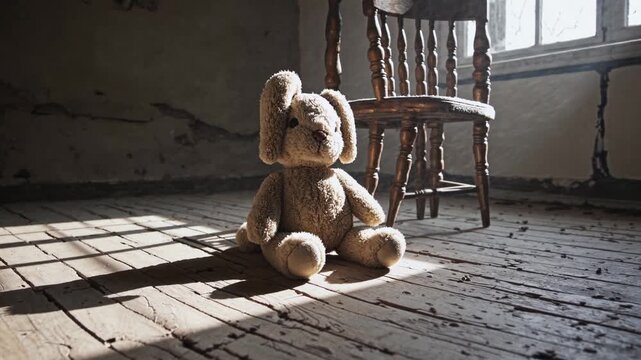 Teddy bear sits alone on wooden floor in empty room with sunlight streaming through window