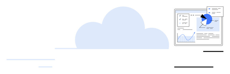 Digital dashboard with graphs, charts, and analytics overlaying cloud. Ideal for cloud technology, data management, analytics, online business, IT solutions, innovation simple landing page