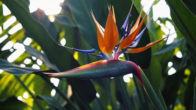 Bright orange bird of paradise flower blooming among lush greenery in a sunny tropical garden setting