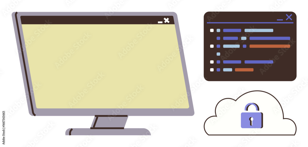 Poster computer monitor with blank screen next to code window and cloud with padlock. ideal for software de