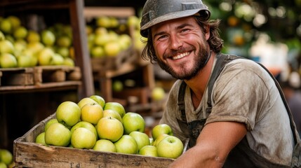 Smiling worker in hard hat, stacks of green apples