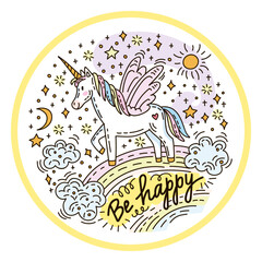 Funny unicorn on a rainbow vector doodle illustration