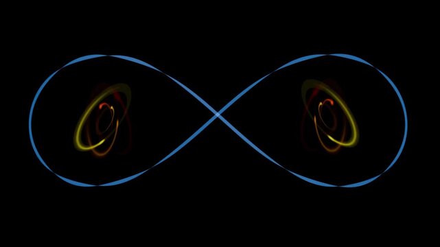 Quantum Entanglement. Subatomic particles with opposite spins. Quantum particles with opposite rotations: counterclockwise and clockwise. 3d animation render.