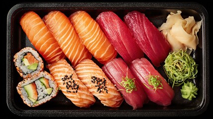 Assorted sushi assortment in a black takeout container, featuring salmon, tuna, and avocado rolls