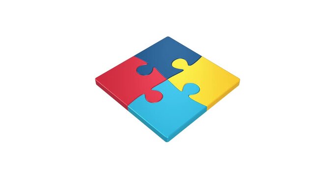 Jigsaw puzzle pieces in four different colors business teamwork and job completed concept 3D animation on white background.