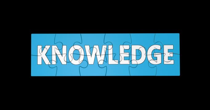 Knowledge concept with sign and word on jigsaw puzzle 3D animation on black background.