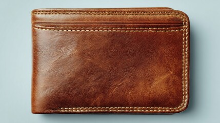 Top-down view of a brown leather bifold wallet