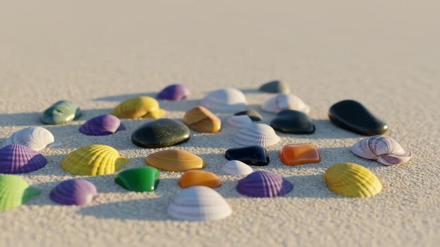 Colorful Seashells and Stones on Sand