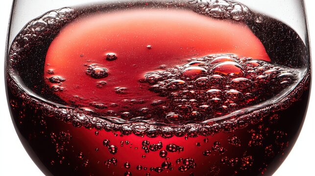 Close-up of red wine in a glass, bubbles on the surface