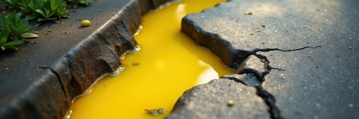 Bright yellow liquid flows down gray sidewalk crack, urban, sidewalk