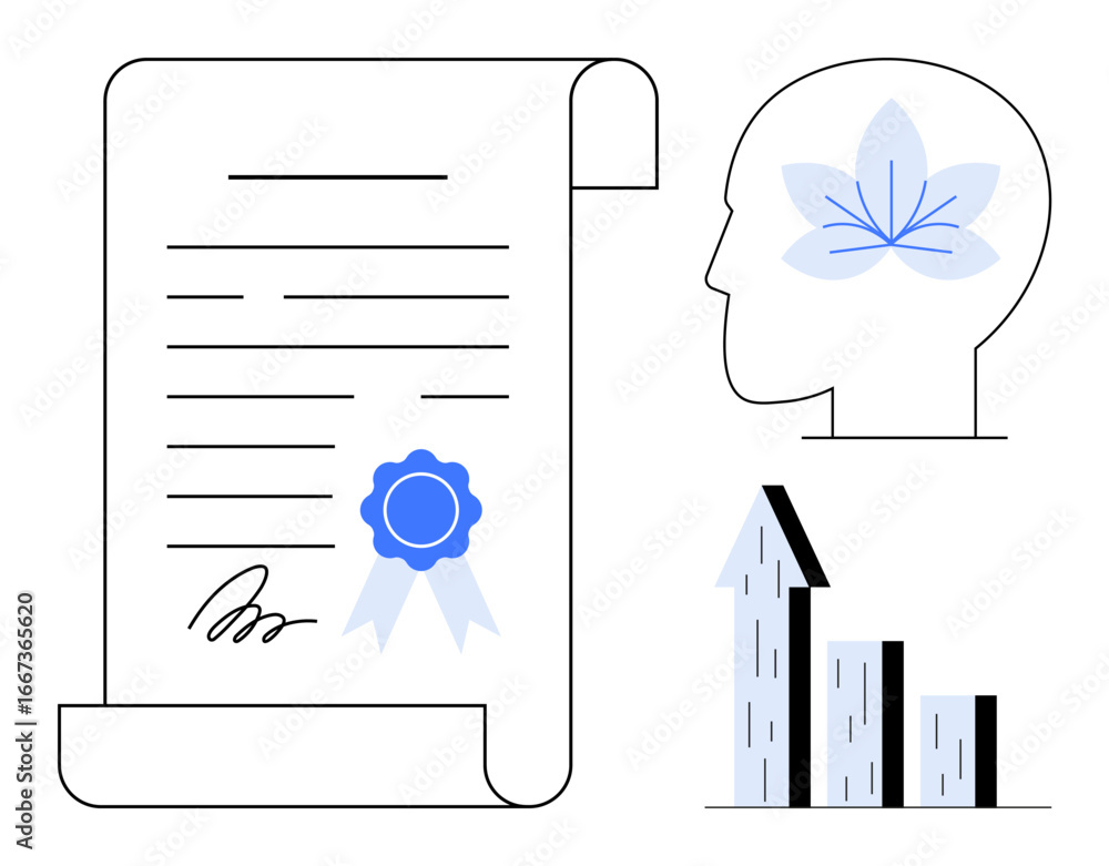 Poster signed document with stamp, human head with flower, and upward bar graph symbolizing certification, 