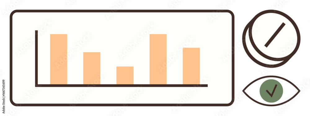 Poster bar chart with vertical columns, circular dashboard, and eye icon with checkmark. ideal for analytic
