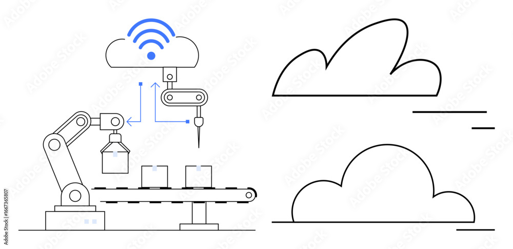 Poster robotic arm processes packages with cloud-linked control, emphasizing automation, iot, and smart int