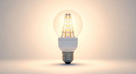 A close up shot of a glowing led light bulb with a clear glass cover on a light beige background space