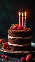 A three-layered chocolate cake with lit candles , sweet, layered, party