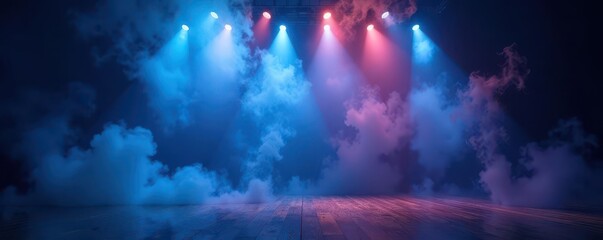 Stage, blue smoke, dramatic fog, lightning, searchlights, event, neon