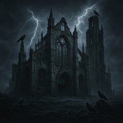 Obraz premium Monumental gothic cathedral ruins standing in blackened wasteland under stormy sky
