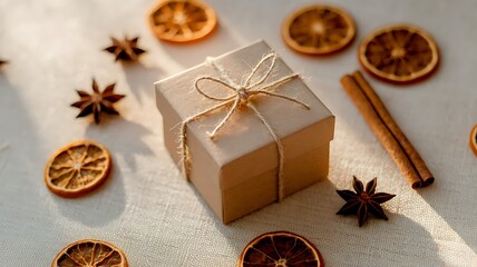 White Gift Box Tied with Twine Beside Dried Oranges and Cinnamon on White Background