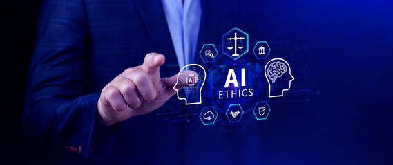 AI ethics expert guides the way, balancing artificial intelligence with humanity, Icons related AI ethics, symbols of legal scales, security, ethical standards and regulations in AI technology.