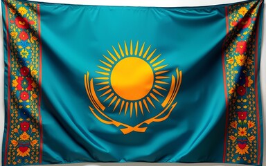 Silken flag of Kazakhstan celebrating independence day with vibrant colors and intricate design. High quality