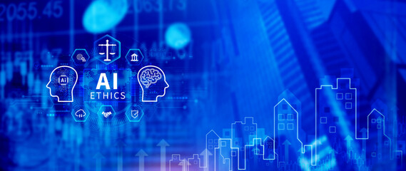 AI ethics expert guides the way, balancing artificial intelligence with humanity, Icons related AI ethics, symbols of legal scales, security, ethical standards and regulations in AI technology.