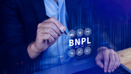 BNPL, Buy Now Pay Later concept. using with icons of BNPL with online shopping icons technology. BNPL buy now pay later online shopping concept.