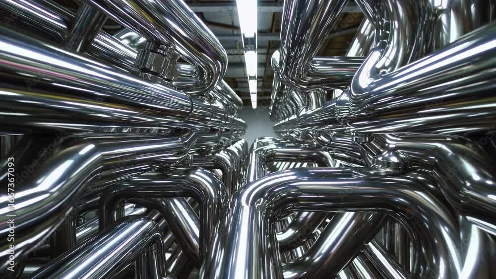 Poster gleaming stainless steel pipes in a modern brewery creating an intricate network for brewing process