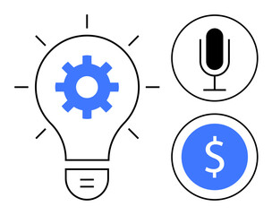 Lightbulb with cogwheel, microphone, and dollar coin symbols represent technology, creativity, finance, innovation, communication, problem-solving. Ideal for business startups podcasts apps
