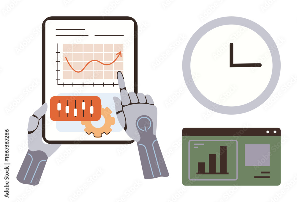 Poster robotic hands working with tablet featuring graphs, gear, and sliders. nearby clock and web dashboar
