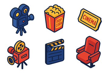 Colorful cinema and movie icon set ,camera, popcorn, ticket, projector, clapper, seat. Vector