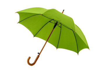 Lime Green Open Umbrella With Wooden Handle Isolated On Transparent Background, PNG