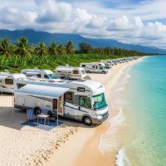 RVs parked at tropical beach campsite by turquoise sea. Motorhomes amd caravanes among palm trees and and banana trees vegetation against a distant mountains under cloudy sky. AI-Generated