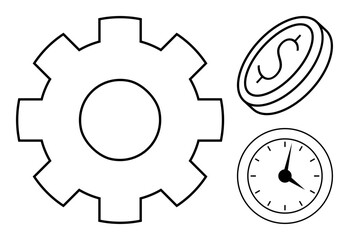 Gear, coin, and clock highlight efficiency, resource management, and time optimization. Ideal for productivity, financial planning, engineering, business strategy teamwork workflow simple flat