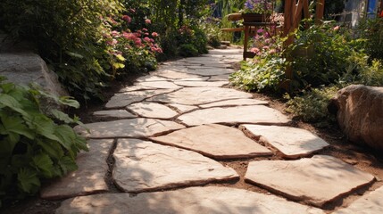 Fototapeta premium Light beige stone pathway in garden