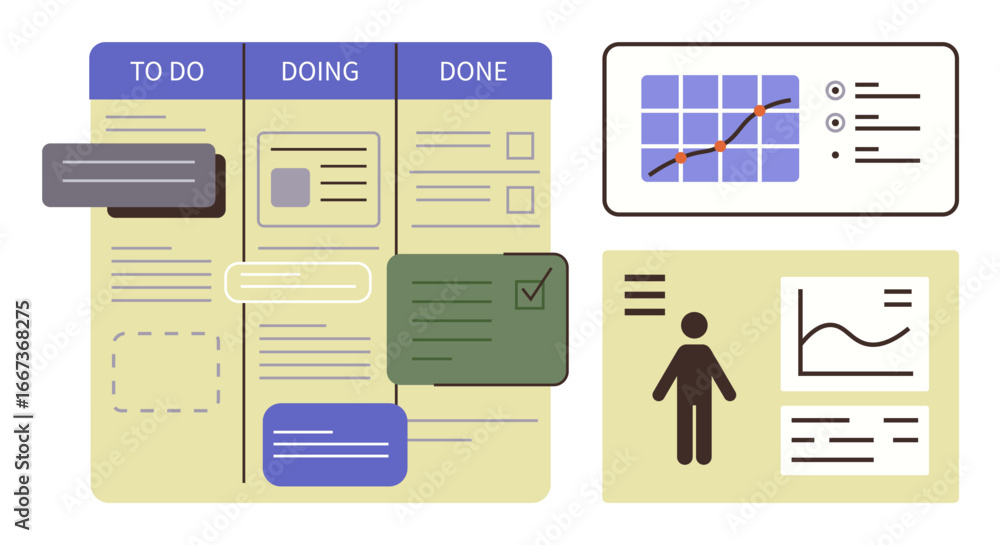 Poster workflow board with to-do, doing, done sections, graphs, and user stats. ideal for project managemen