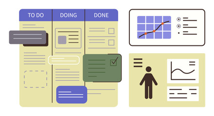 Workflow board with To-Do, Doing, Done sections, graphs, and user stats. Ideal for project management, productivity, task tracking, collaboration goal-setting planning simple flat metaphor © robu_s