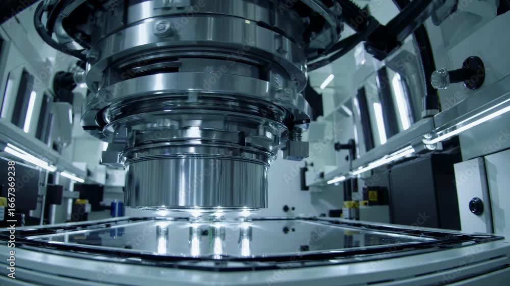 Poster robotic precision lithography machine operating in a high tech manufacturing facility with bright li