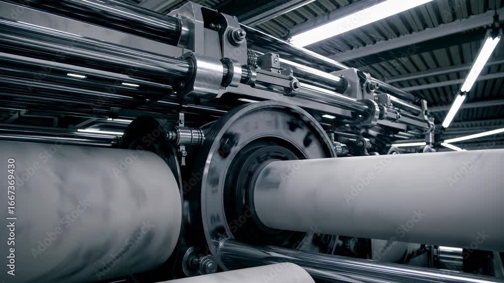 Poster industrial printing press operating with fast moving components in a factory setting, showcasing the