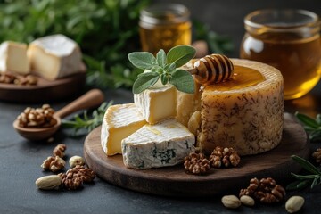 Gourmet cheese assortment with honey and walnuts on rustic wooden board. Use for menu design, blog posts, or any food and beverage related projects.