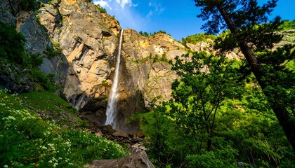 Obraz premium Majestic Waterfall Flowing Down a Rugged Cliff Amidst Verdant Greenery.