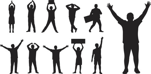 Silhouette people vector illustration, human figures in different poses, holding signs and raising hands, black outline characters, protest and celebration concept, standing walking cheering shouting