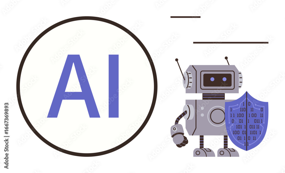 Poster robot with shield inscribed with binary code next to large ai text emphasizing security, technology,