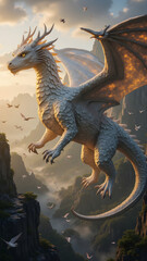 Majest&auml;tischer Drache fliegt durch nebelige Berge - Cooles Wallpaper - Magisches Hintergrundbild