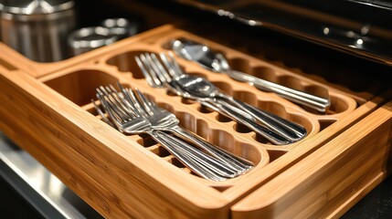 Close-up of kitchen drawer with dividers and neatly organized silverware