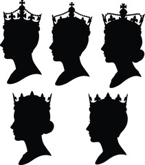 Queen silhouette profile, royal crown design, vintage monarch illustration, elegant female portrait, regal headpiece art, antique royalty figure, majestic woman outline, classic queen vector
