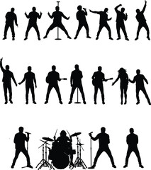Band musician silhouette, live concert vector, rock band performance, singer guitarist drummer, music group illustration, stage performance art, dance party crowd, rock music icon