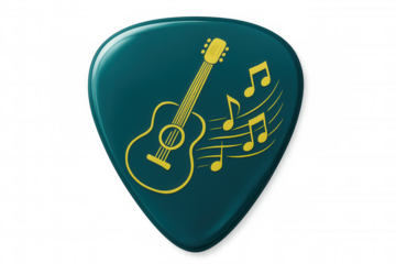 Teal guitar pick resting near musical notes, highlighting melodic design against transparent backdrop